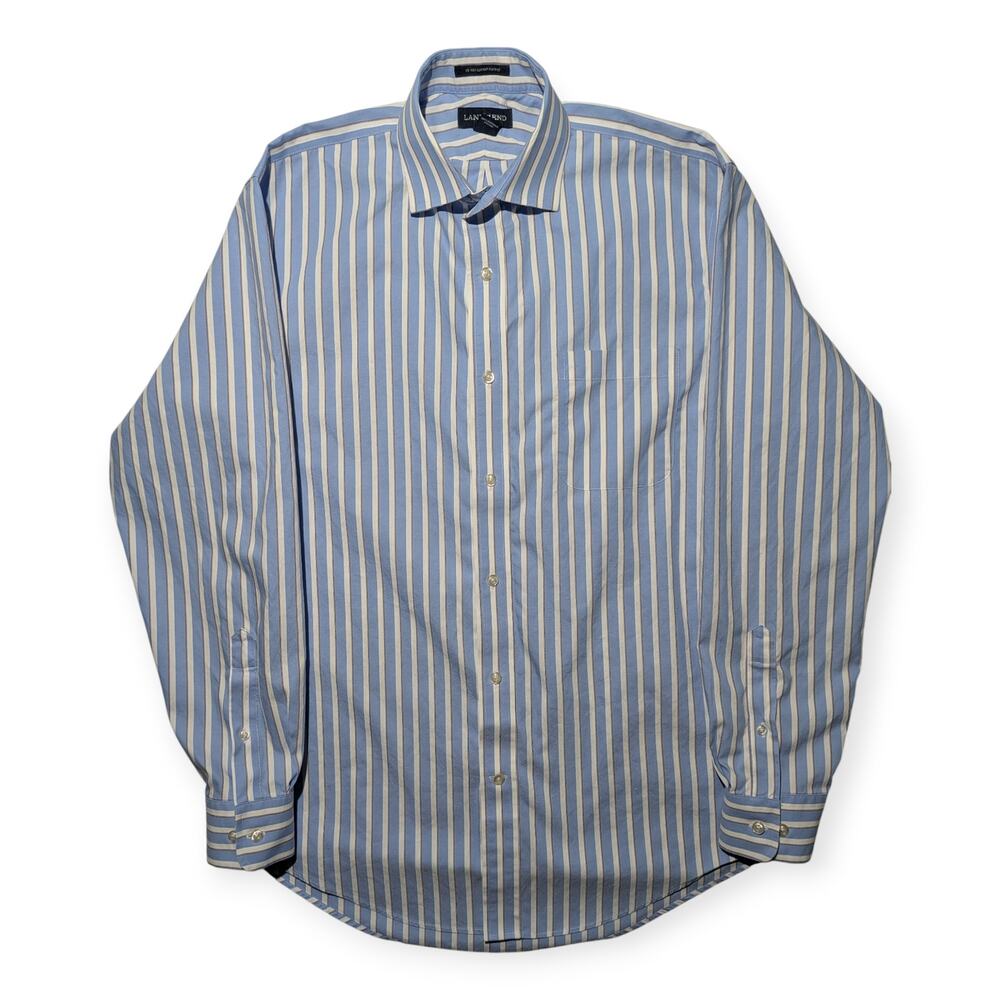 Lands’ End No Iron Supima Cotton Pinpoint Dress Shirt 15.5-34 Blue Stripe‎